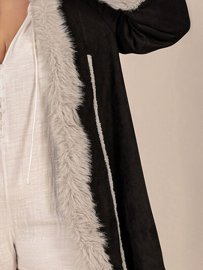 Plus Size Fuzzy Trim Open Front Hooded Coat