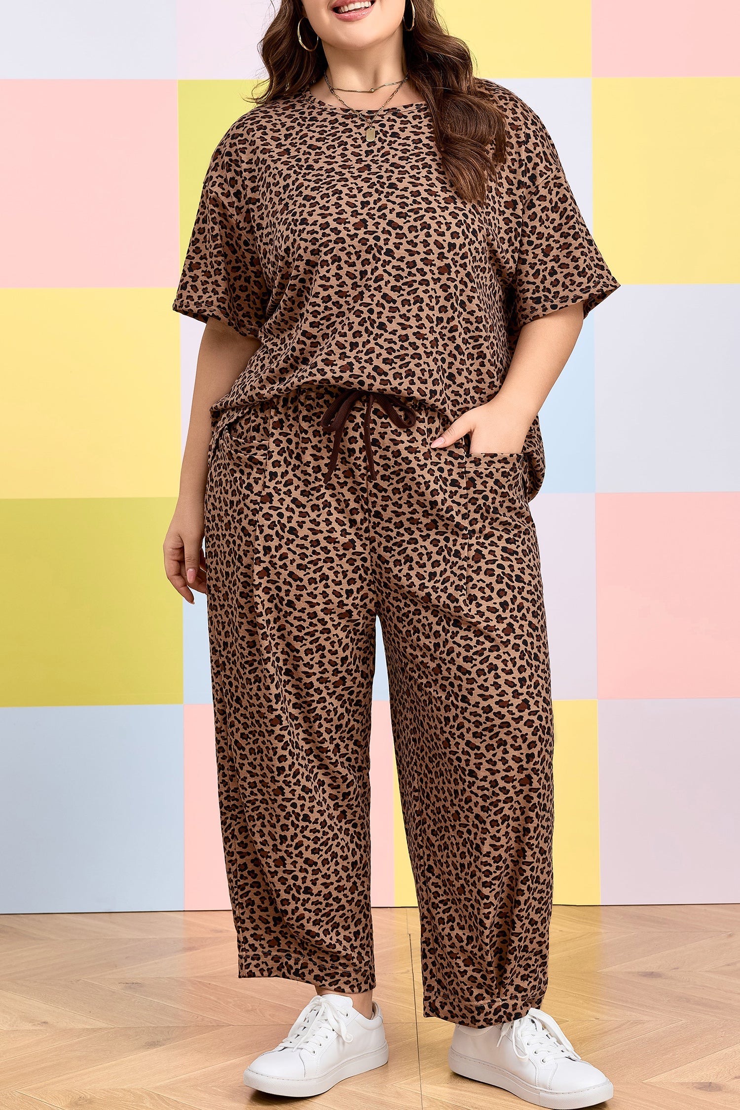Plus Size Leopard Loose Top Pleated Pants Set