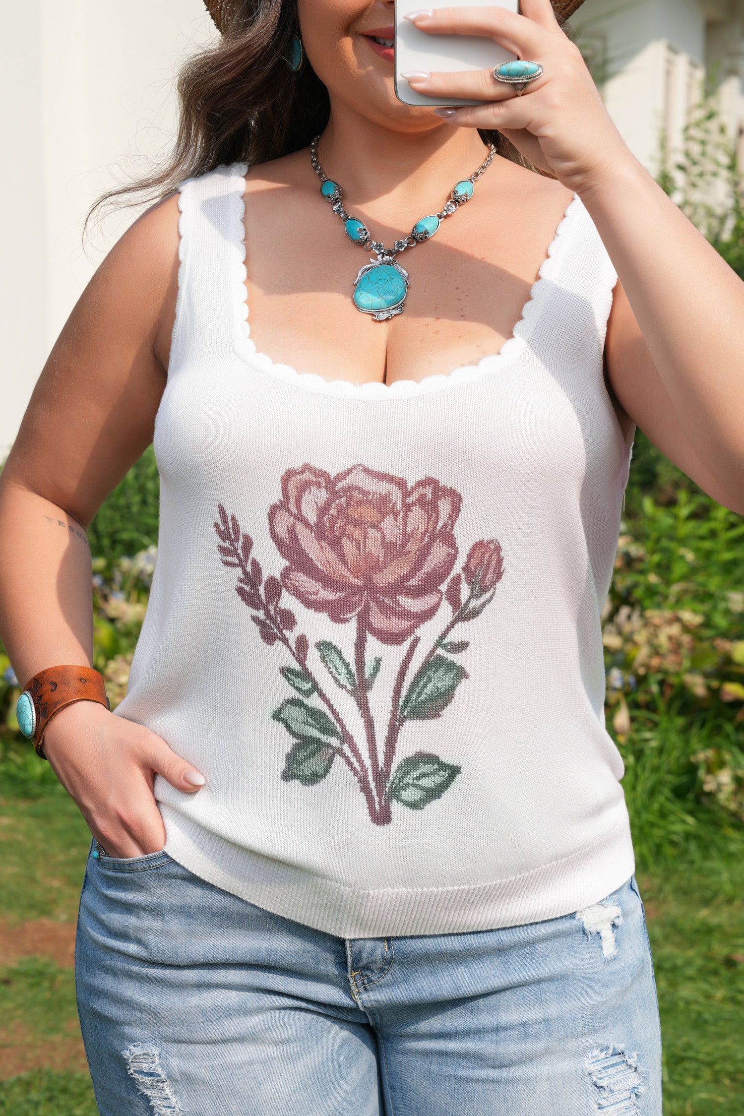 Plus Size Floral Scalloped Trim Square Neck Sweater Vest