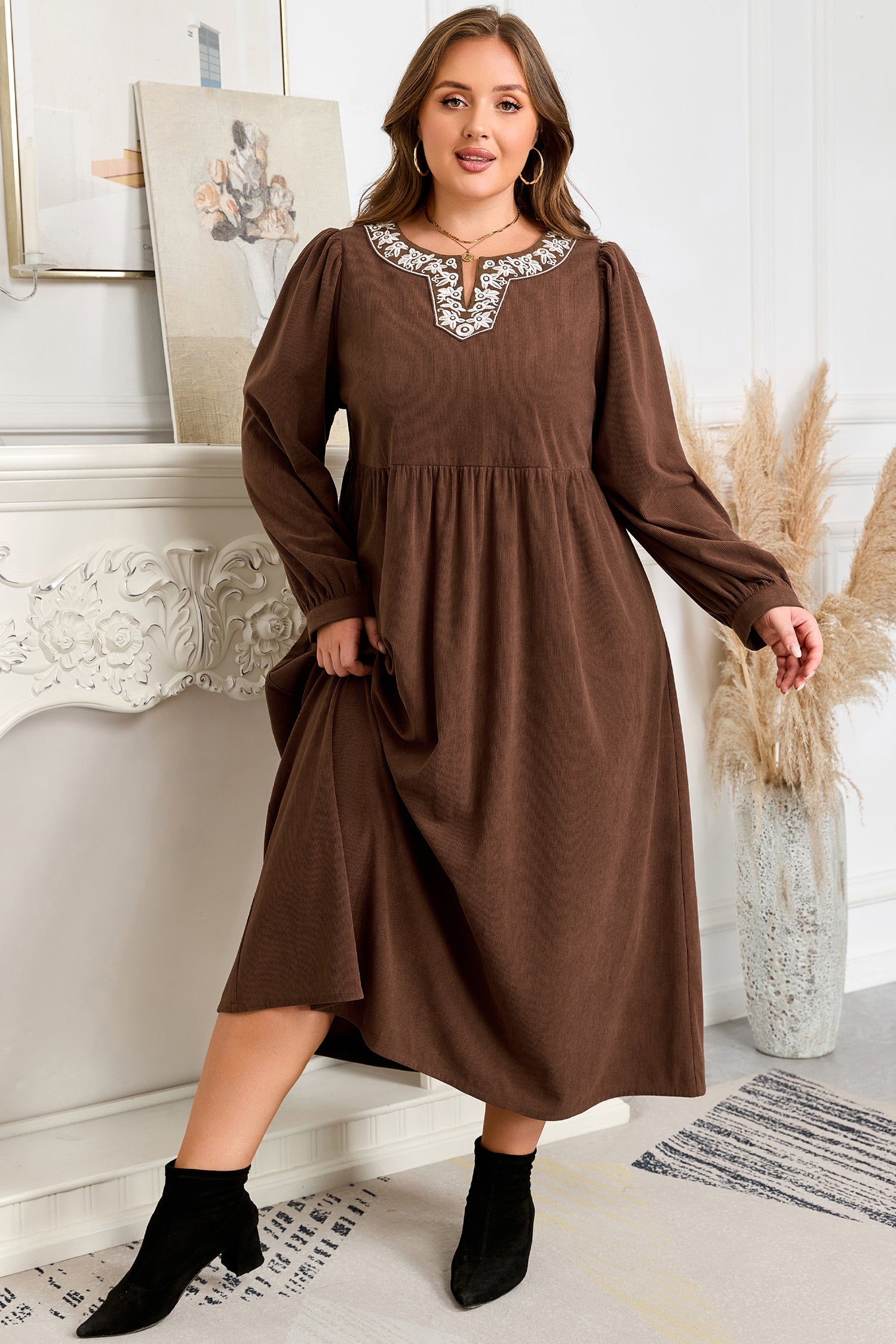 Plus Size Embroidered Notched Neck Pleated Midi Dress