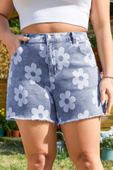 Plus Size Blue Floral High Waist Denim Shorts