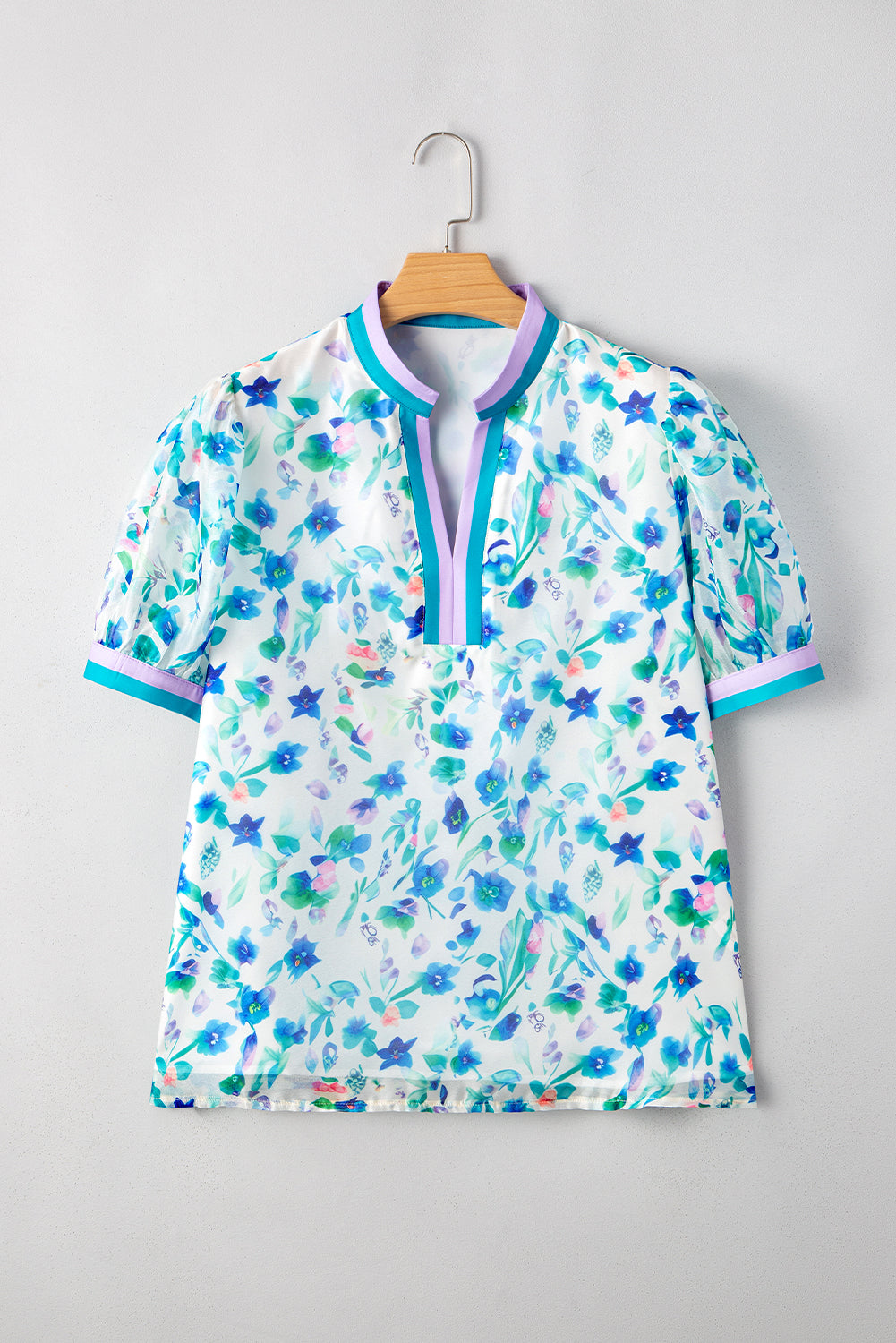 Plus Size Green Floral Colorblock Puff Sleeve Blouse