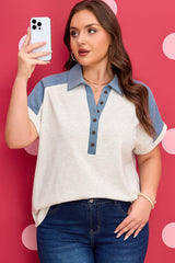 Plus Size Contrast Denim Patchwork Polo