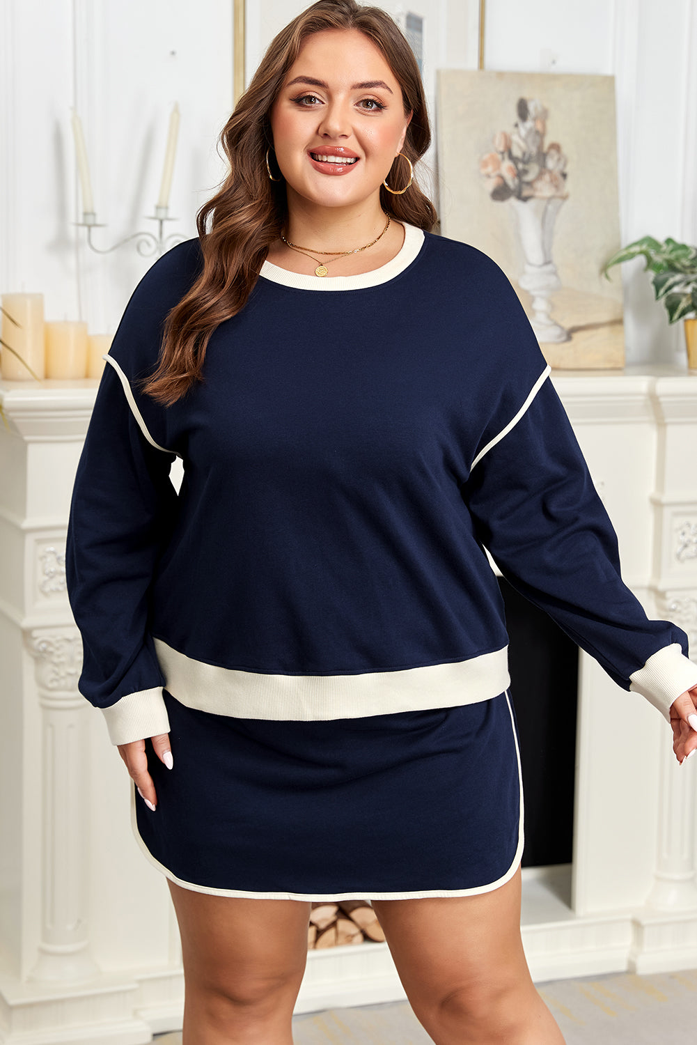 Plus Size Color Block Drop Shoulder Top and Lace-Up Skirt Set