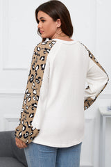 Plus Size Leopard Print Waffle Knit Long Sleeve Top