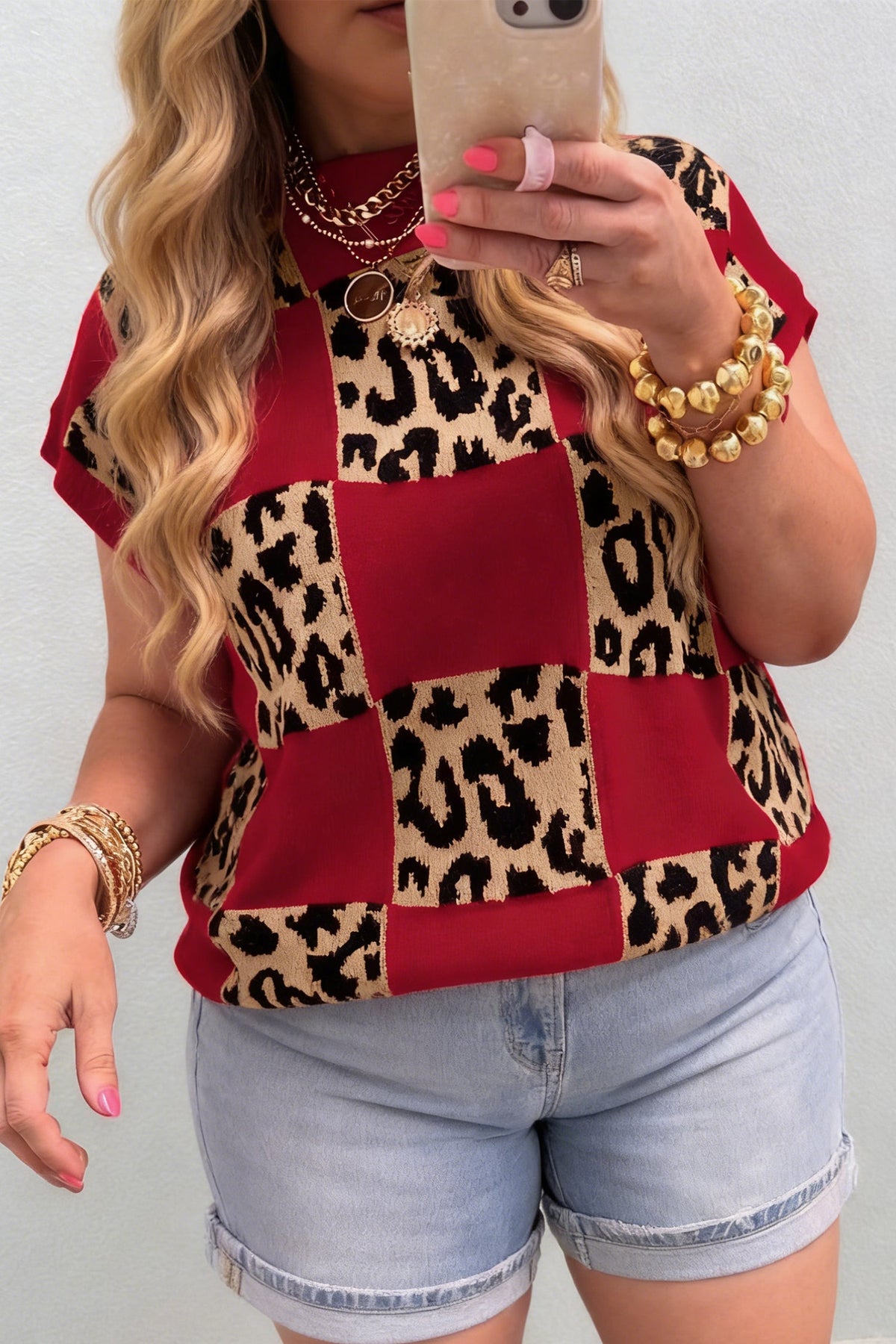 Plus Size Leopard Checkered Short Sleeve Sweater