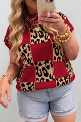 Plus Size Leopard Checkered Short Sleeve Sweater