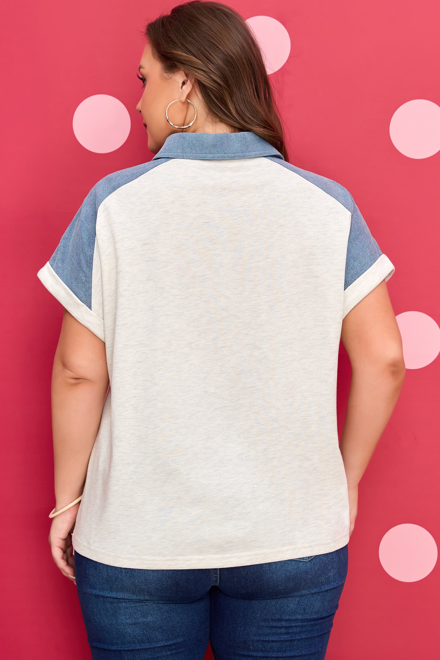 Plus Size Contrast Denim Patchwork Polo