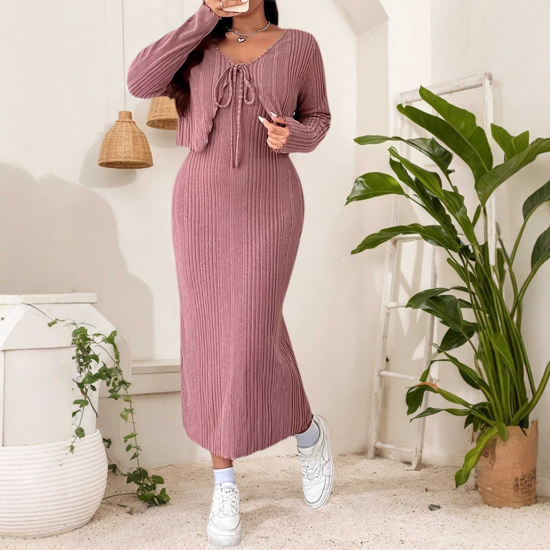 Plus Size Elegant Belted Two-Piece Set