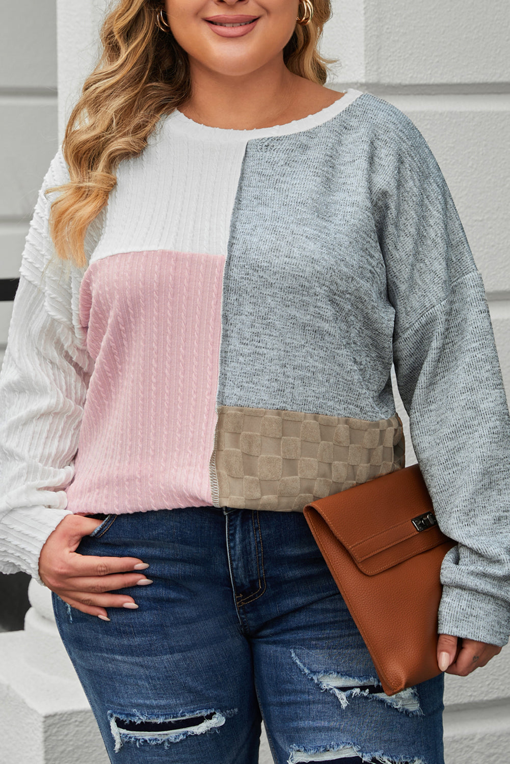 Plus Size Cable Knit Colorblock Top
