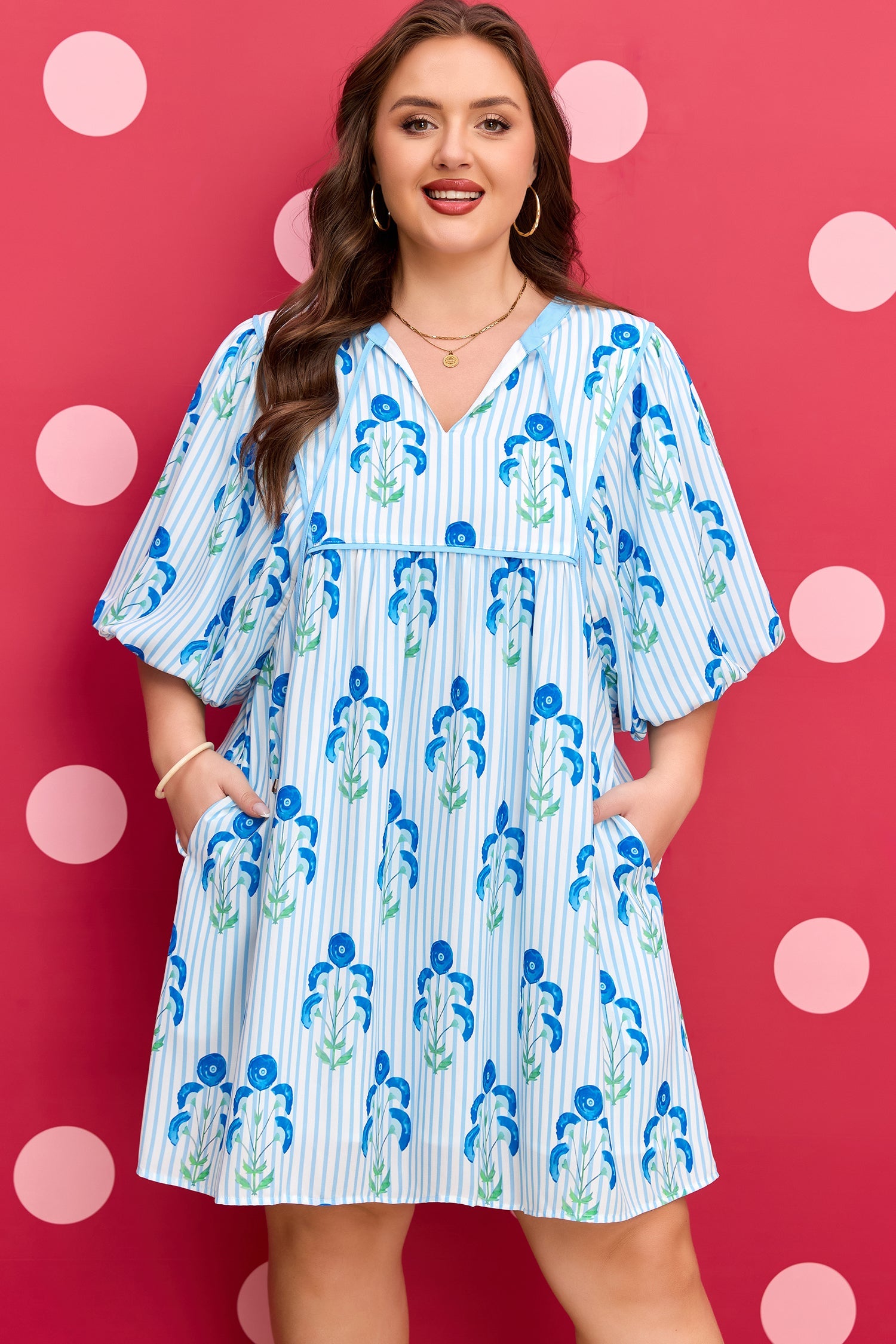Plus Size Floral Striped Bubble Sleeve Dress