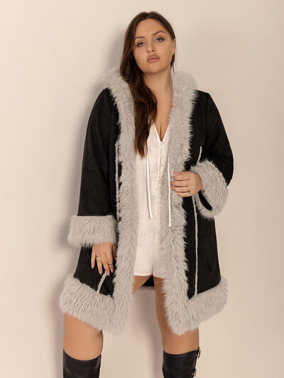 Plus Size Fuzzy Trim Open Front Hooded Coat