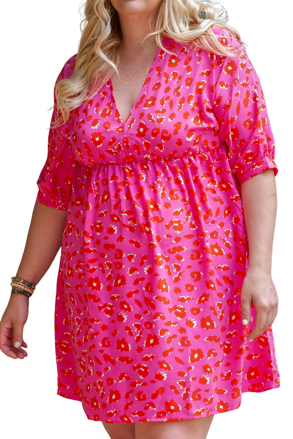 Plus Size 3/4 Sleeve V-Neck Leopard Babydoll Dress