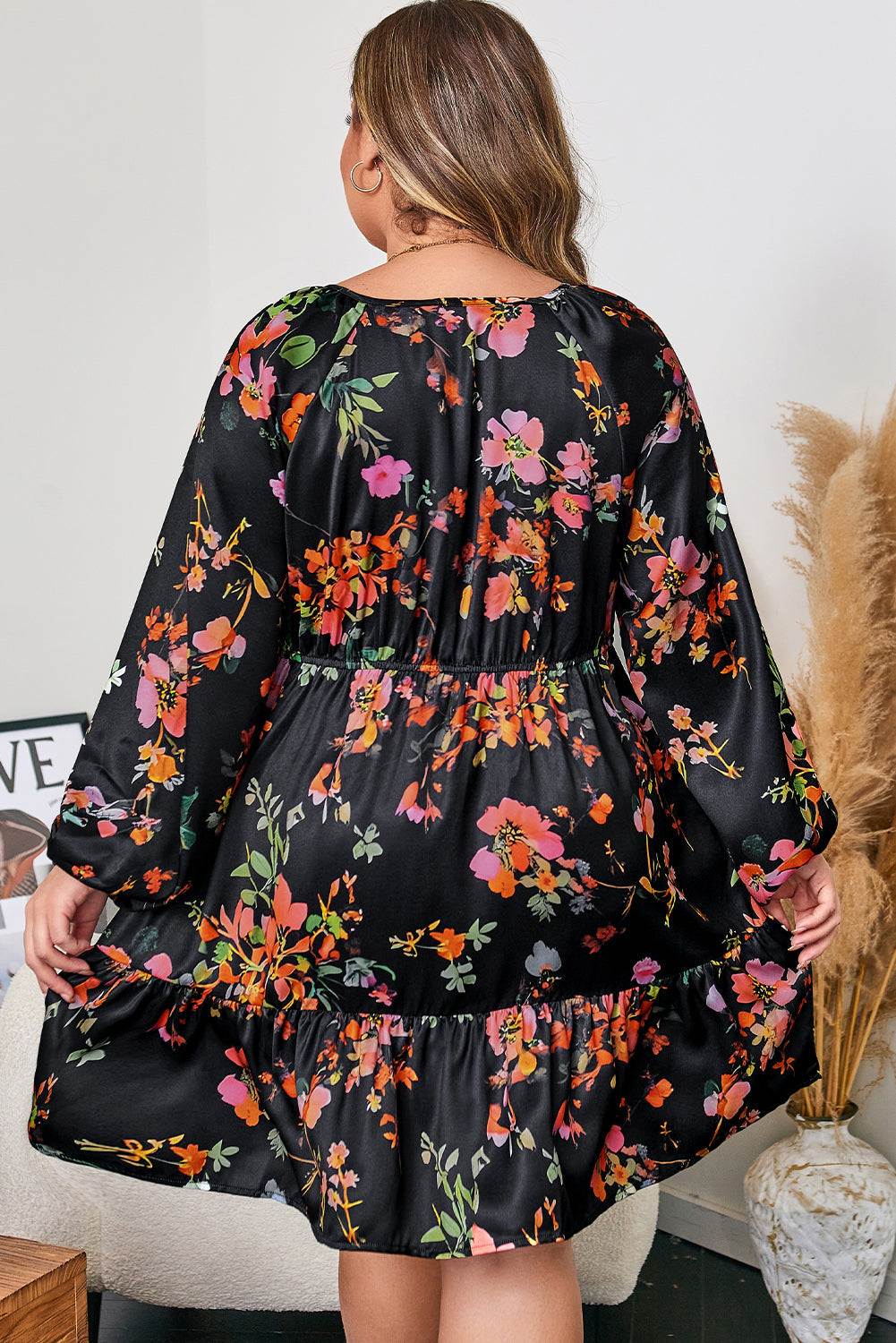 Plus Size Floral Tie Neck Mini Dress