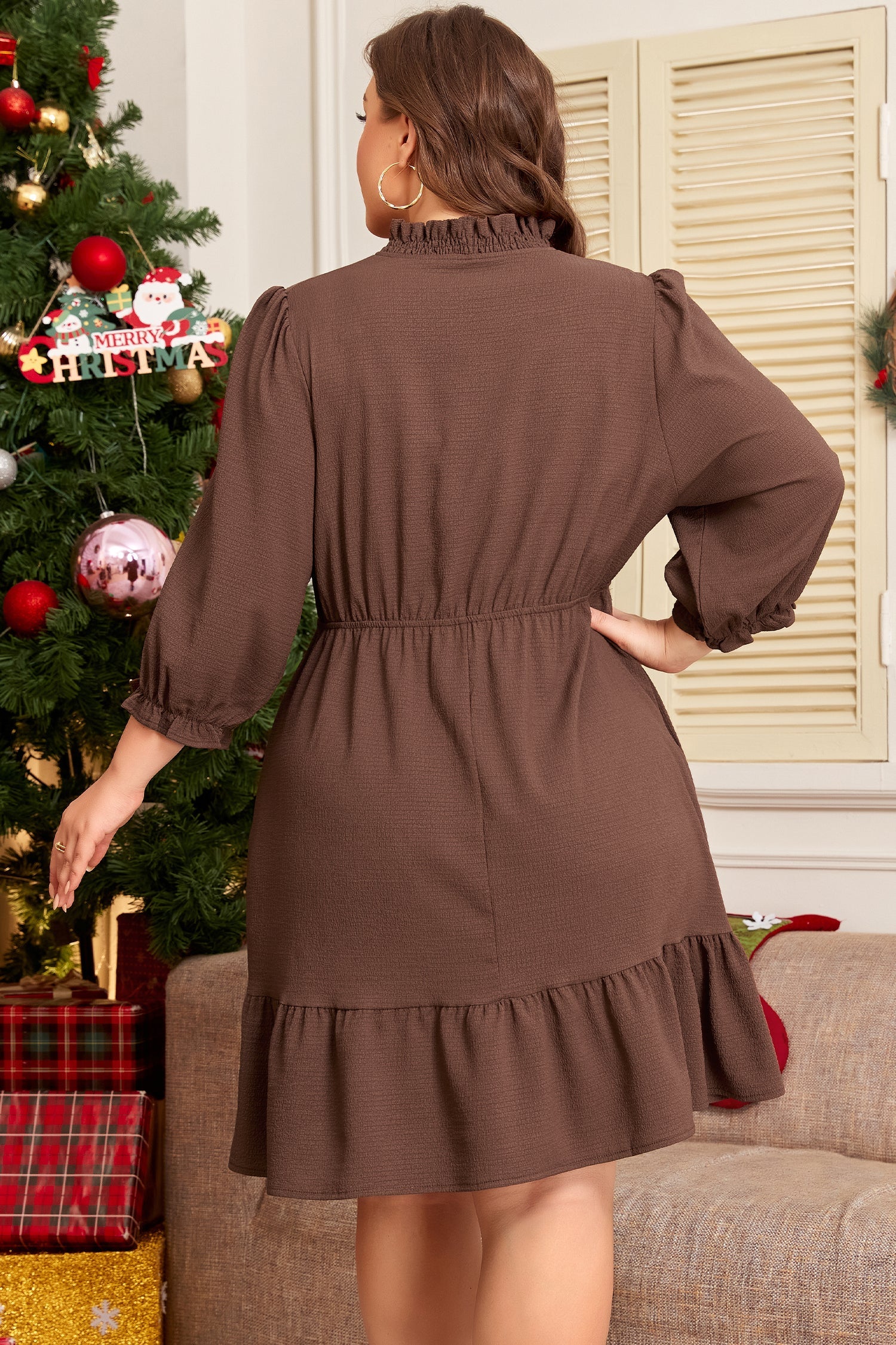 Plus Size Frilled Trim V Neck Puff Sleeve Mini Dress