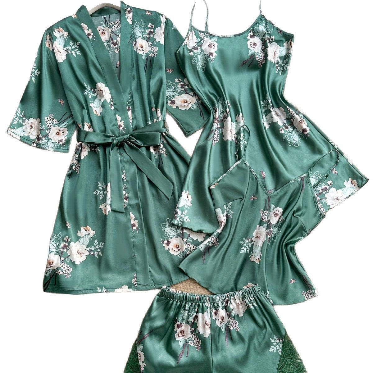 Plus Size Lace Satin 4-Piece Sleepwear Set