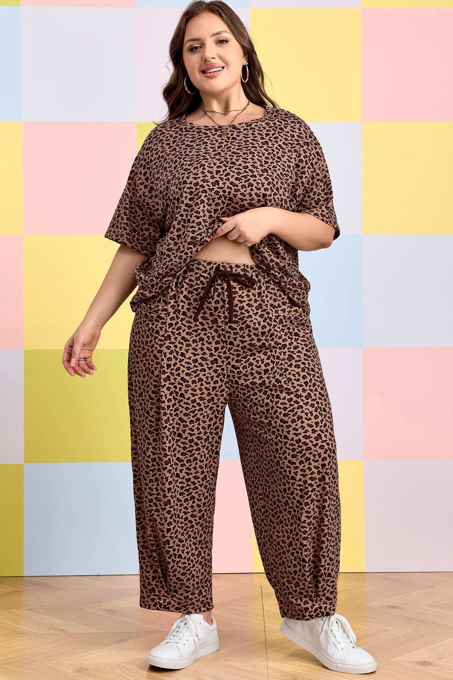 Plus Size Leopard Loose Top Pleated Pants Set
