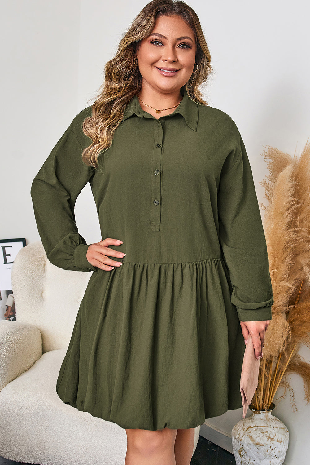 Plus Size Collar Half Button Mini Dress