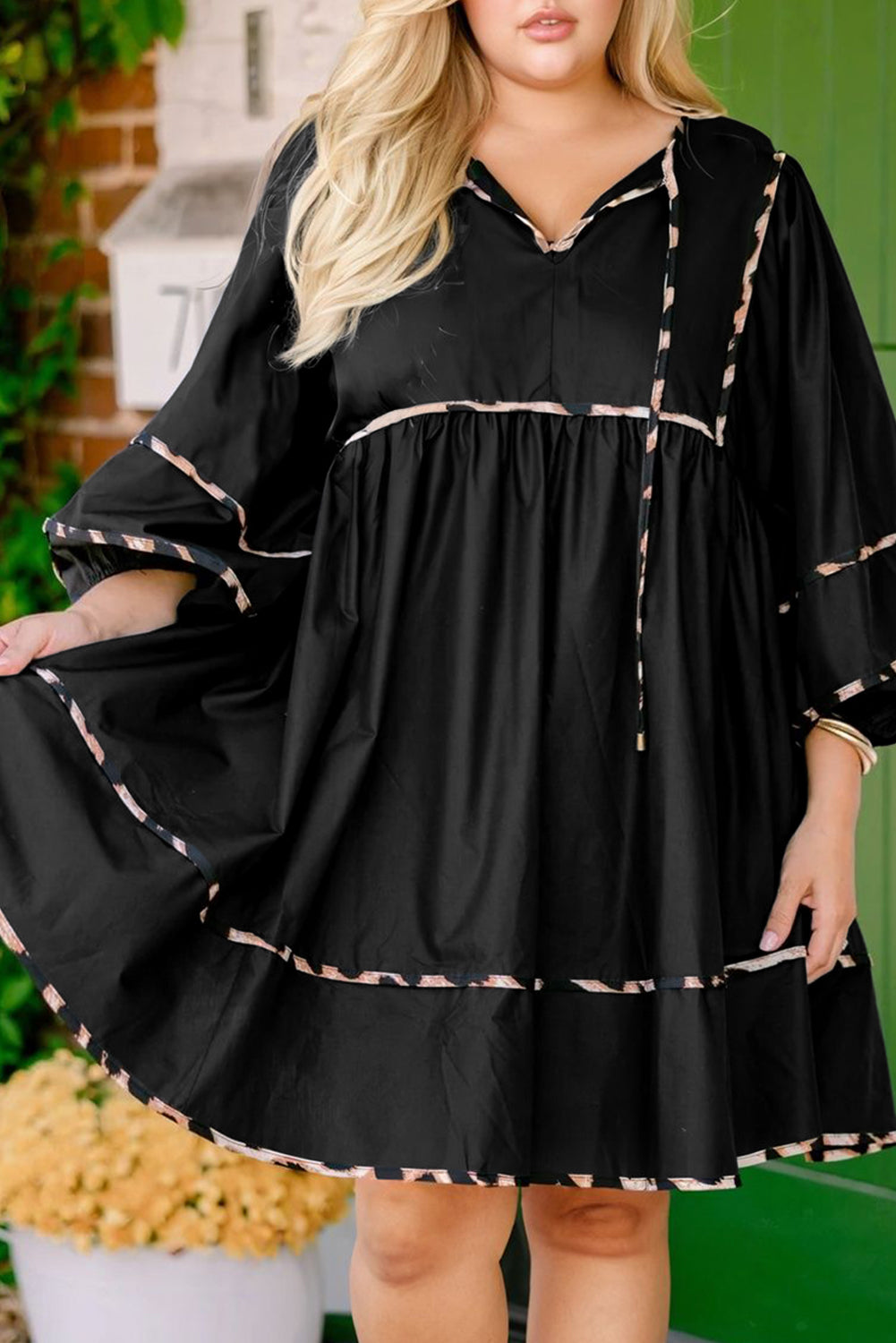 Plus Size Long Sleeve Leopard Tie Neck Flared Mini Dress