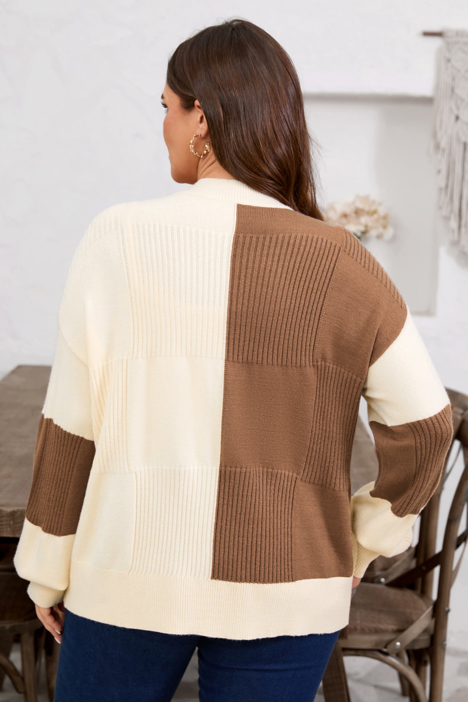 Plus Size Checkered Ribbed Knit Cardigan