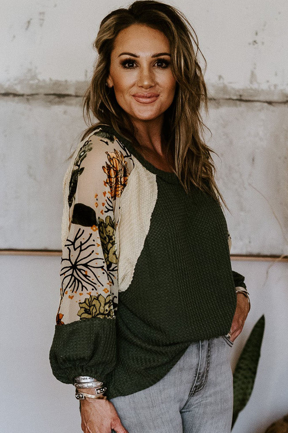 Plus Size Floral Raglan Colorblock Blouse