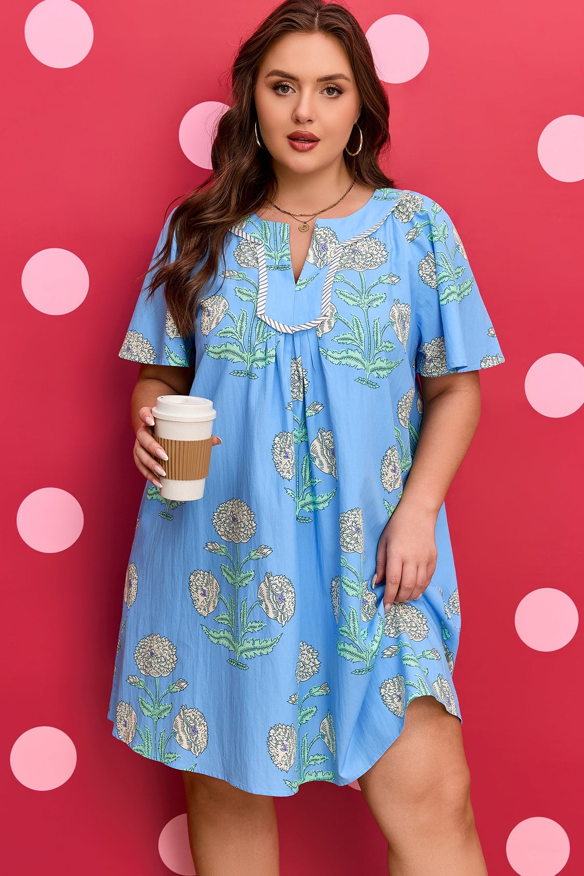 Plus Size Floral Split Neck Mini Dress