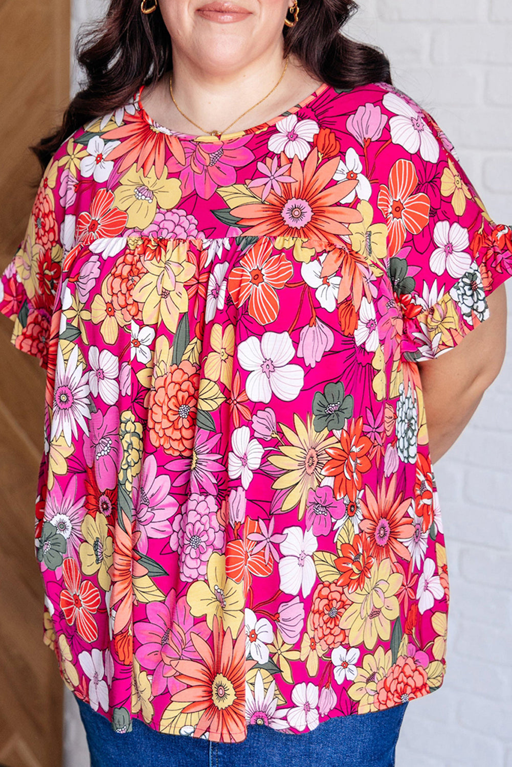 Plus Size Floral Ruffle Short Sleeve Blouse