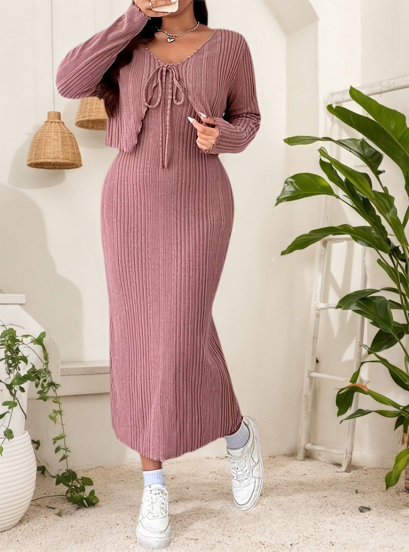 Plus Size Elegant Belted Two-Piece Set