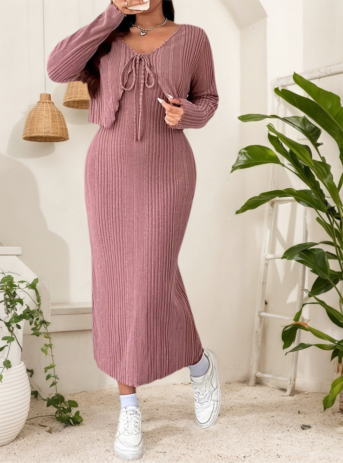 Plus Size Elegant Belted Two-Piece Set