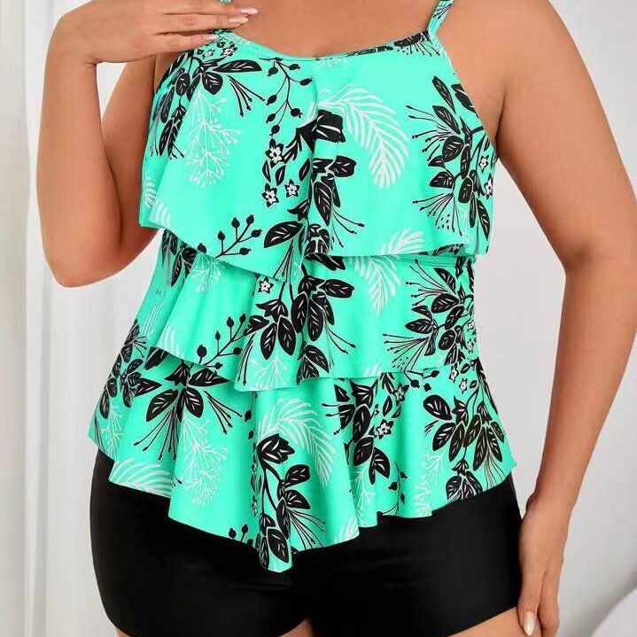 Plus Size Floral Tankini with Ruffled Trim