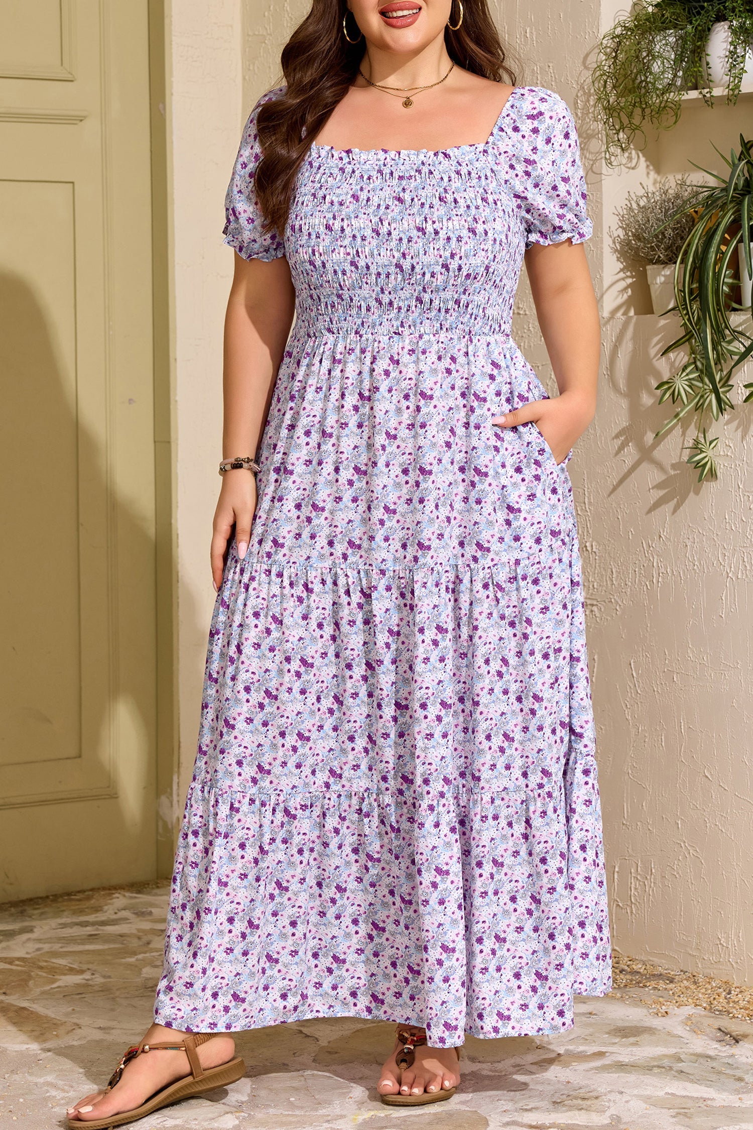 Plus Size Floral Square Neck Smocked Maxi Dress
