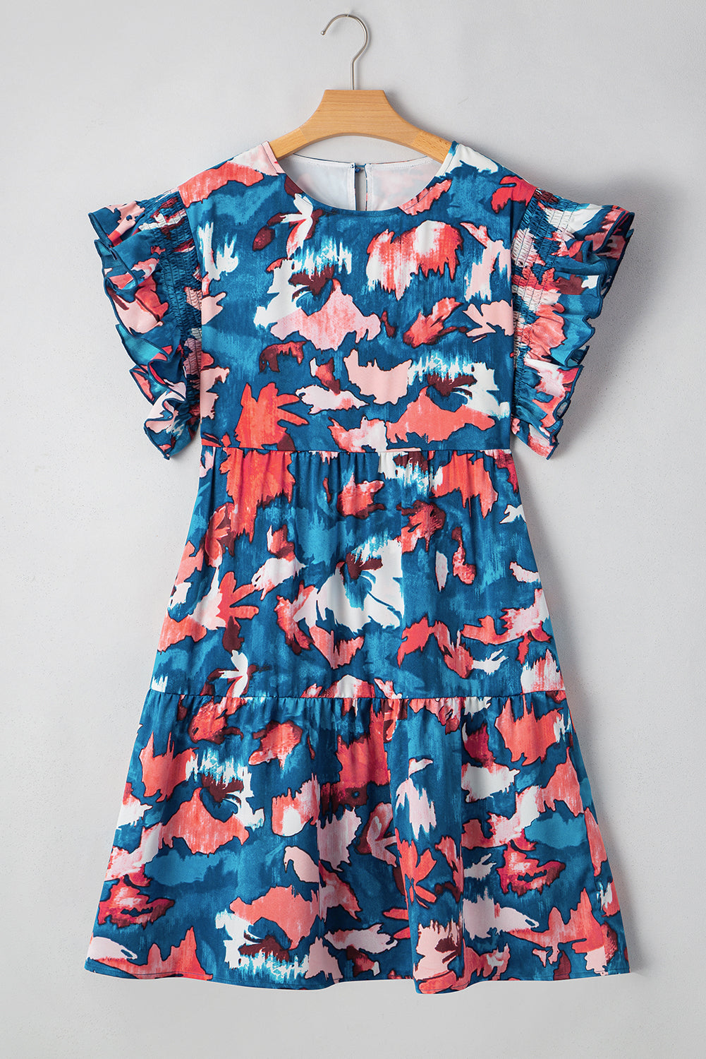 Plus Size Blue Abstract Shirred Tiered Mini Dress