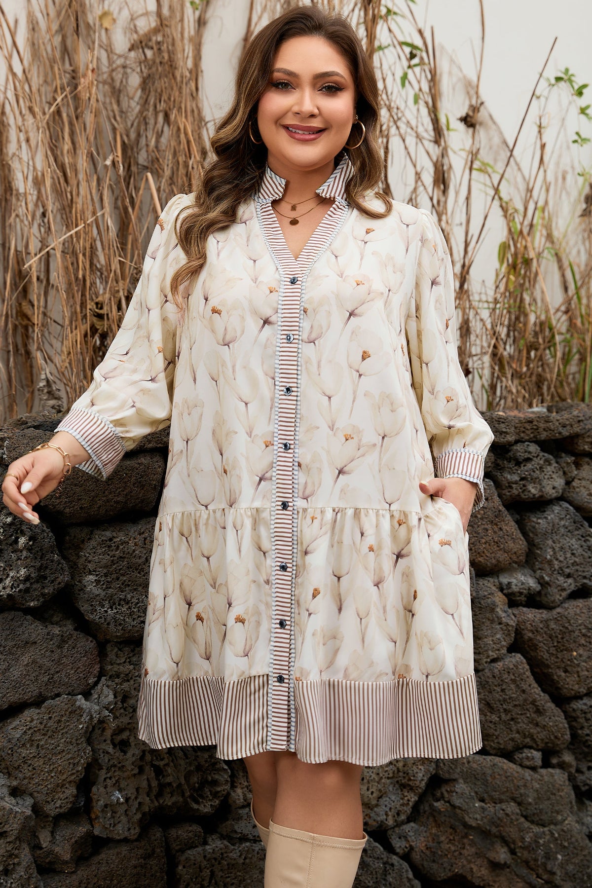 Plus Size Floral A-Line Dress with Striped Trim