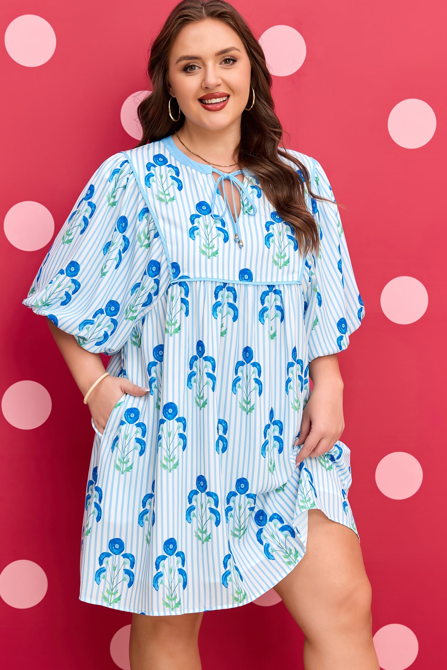 Plus Size Floral Striped Bubble Sleeve Dress