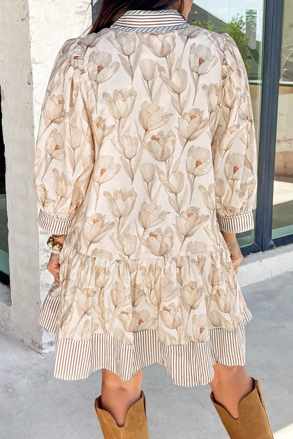 Plus Size Floral A-Line Dress with Striped Trim