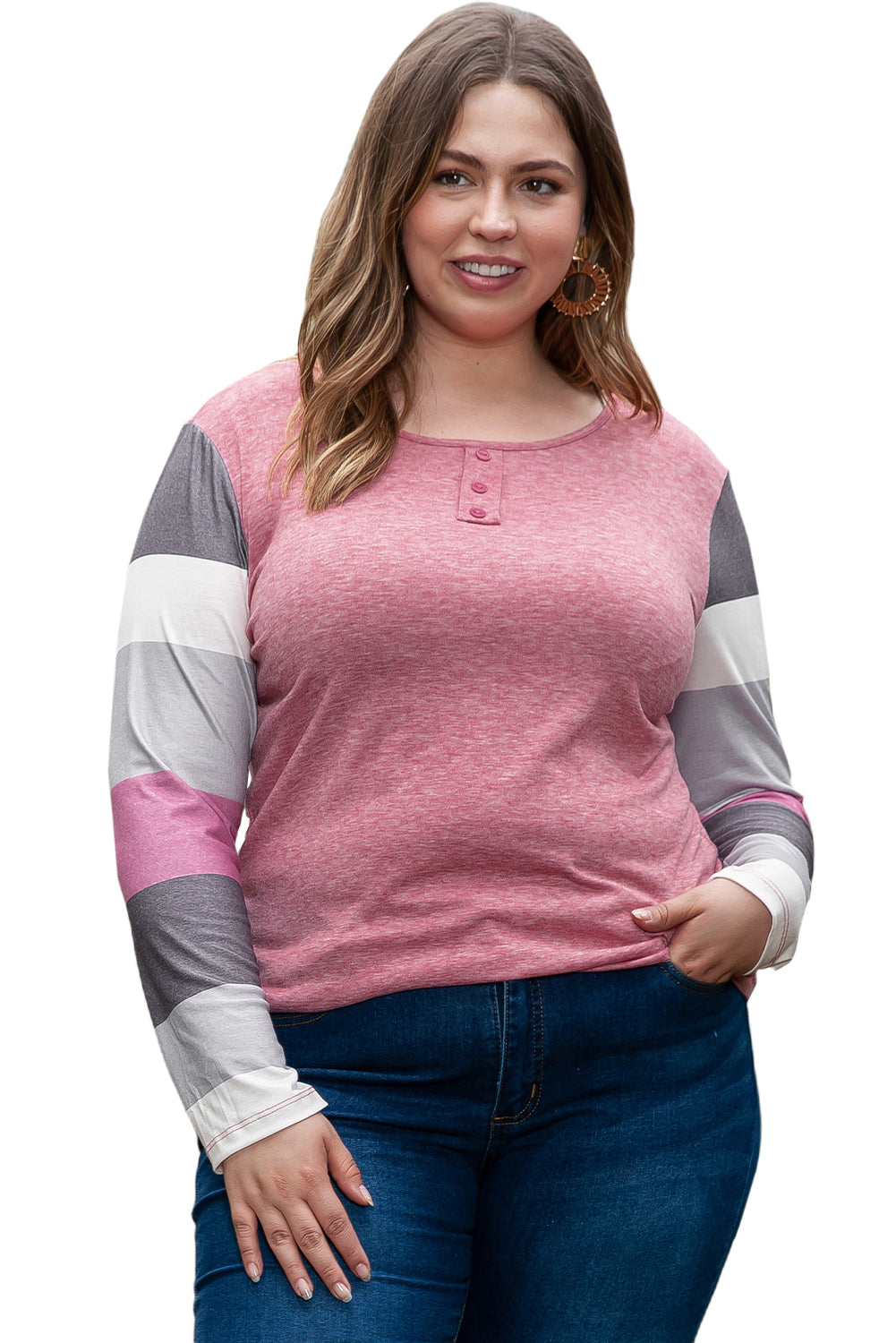 Plus Size Candy Striping Mock Henley Top