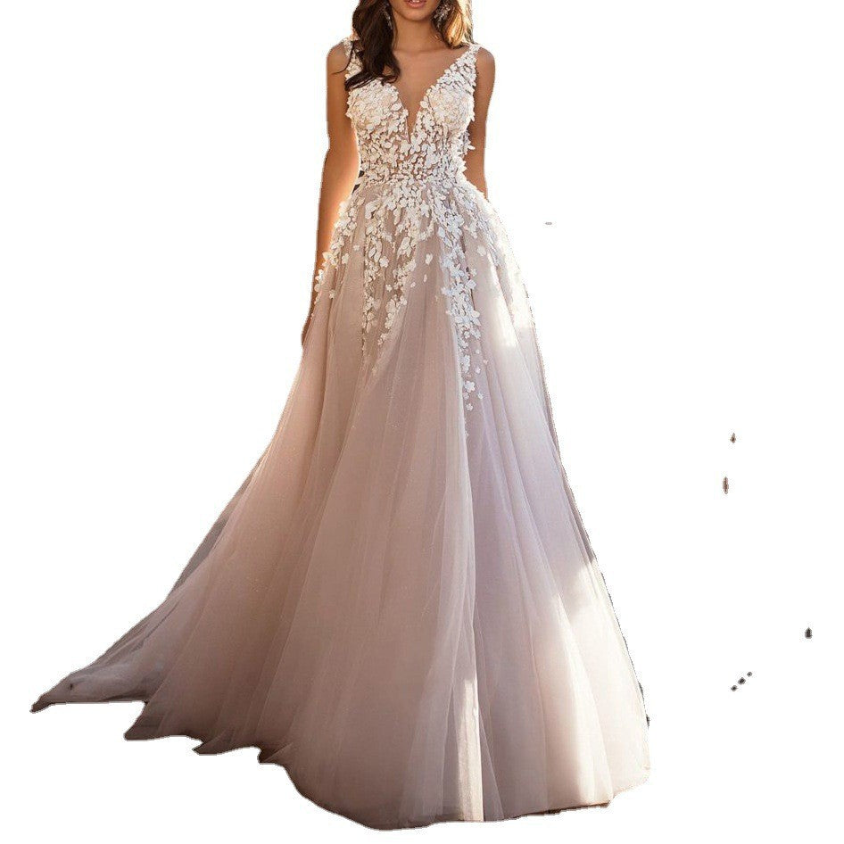 Plus Size Elegant Lace Deep V-Neck Wedding Dress