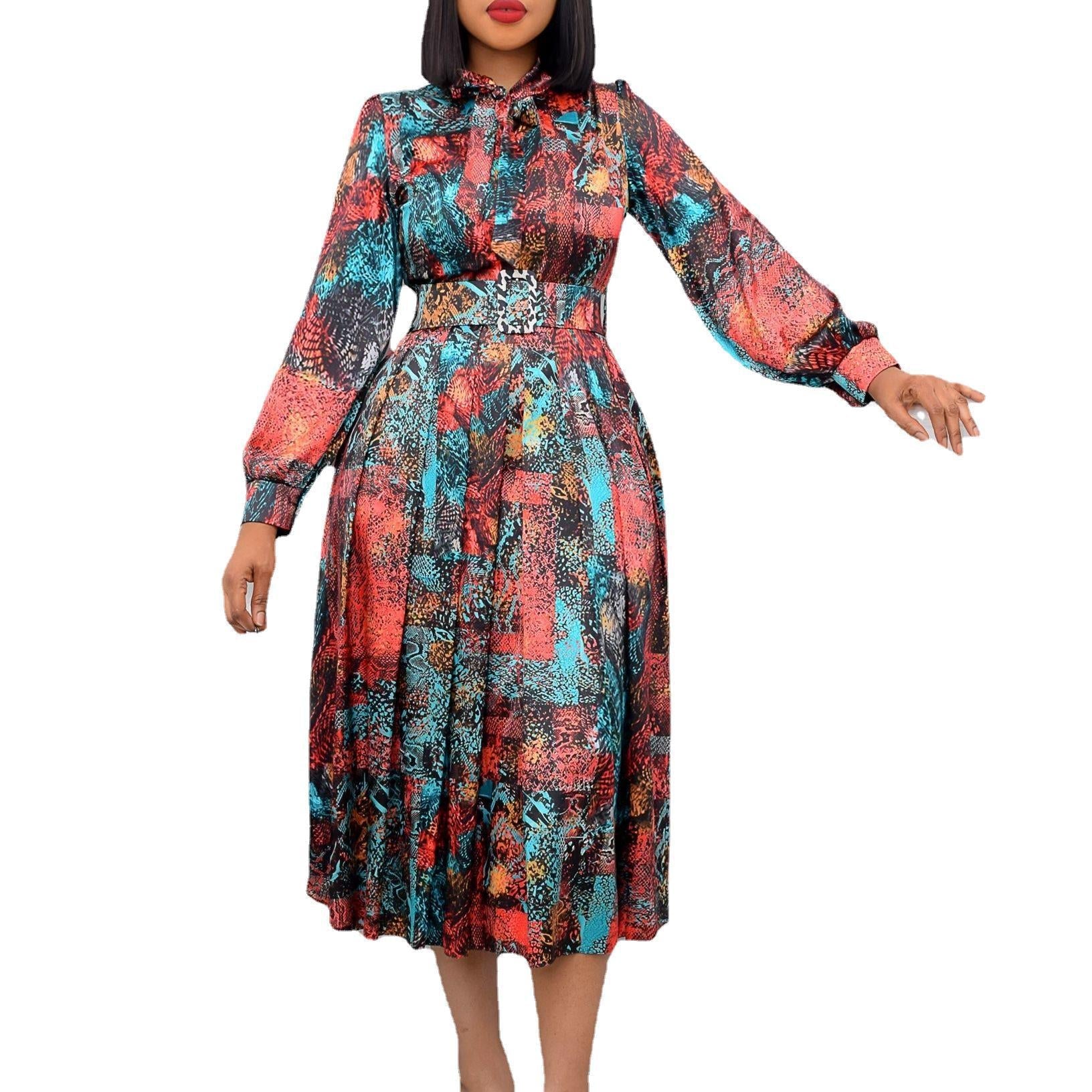 Plus Size Long Sleeve High Waist Printed Dress
