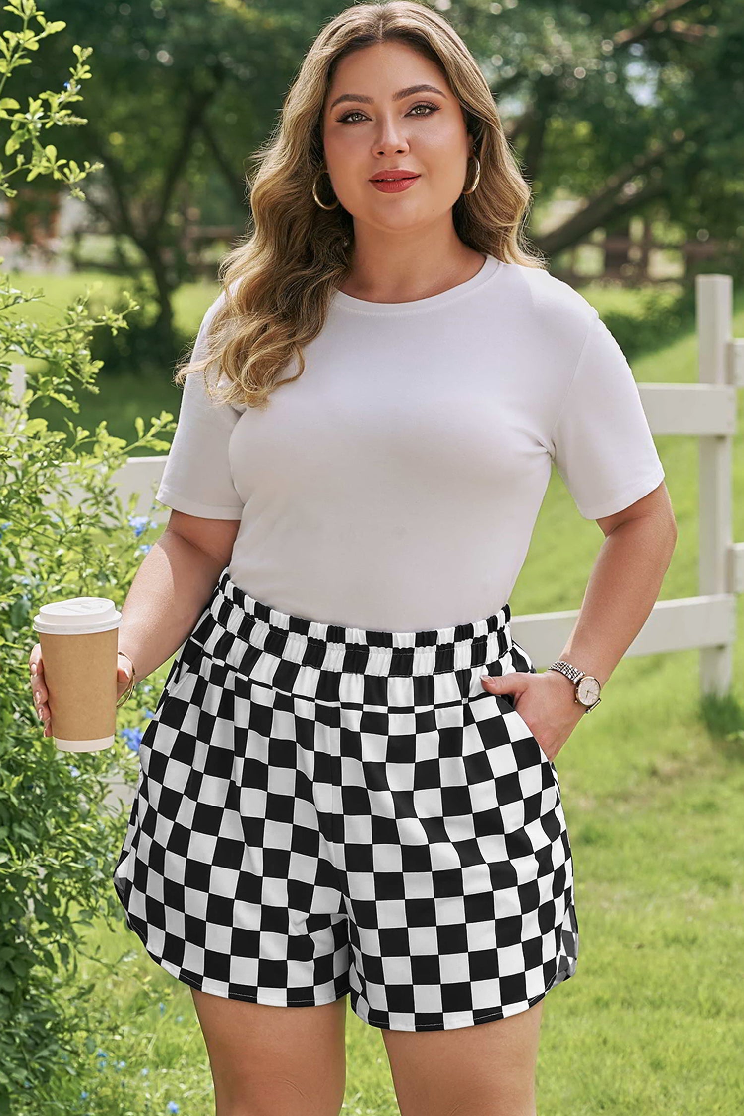 Plus Size Checkered Athleisure Shorts