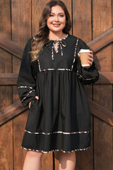 Plus Size Long Sleeve Leopard Tie Neck Flared Mini Dress