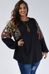Plus Size Leopard Sequin Long Sleeve Top