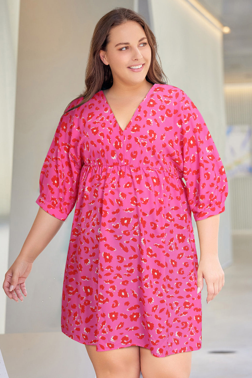 Plus Size 3/4 Sleeve V-Neck Leopard Babydoll Dress
