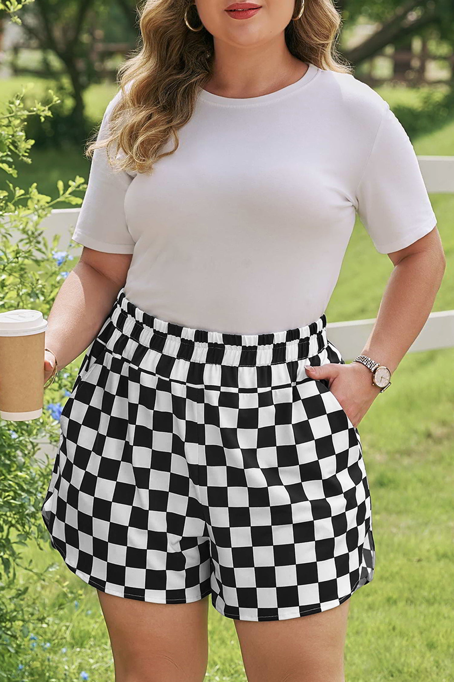 Plus Size Checkered Athleisure Shorts