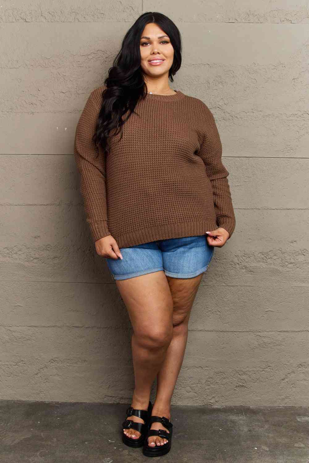 Plus Size Breezy Days High Low Waffle Knit Sweater