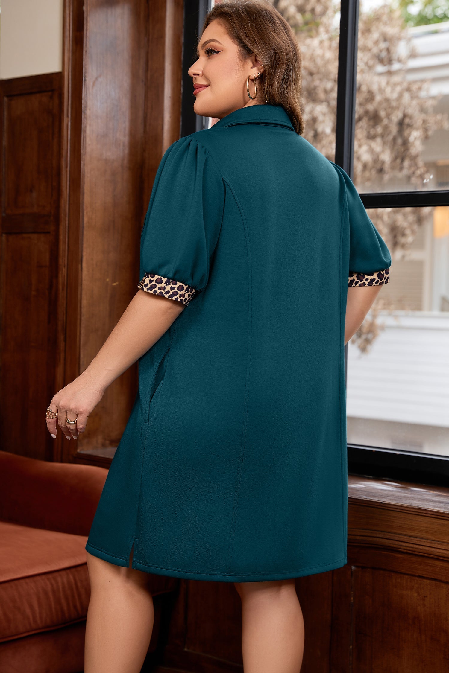 Plus Size Leopard Patchwork Quarter Zip Mini Dress