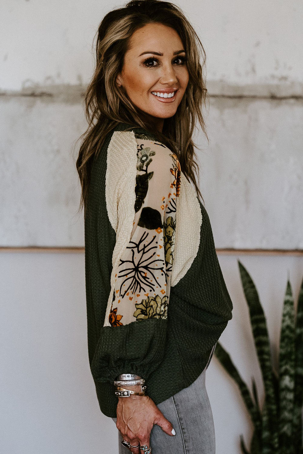 Plus Size Floral Raglan Colorblock Blouse