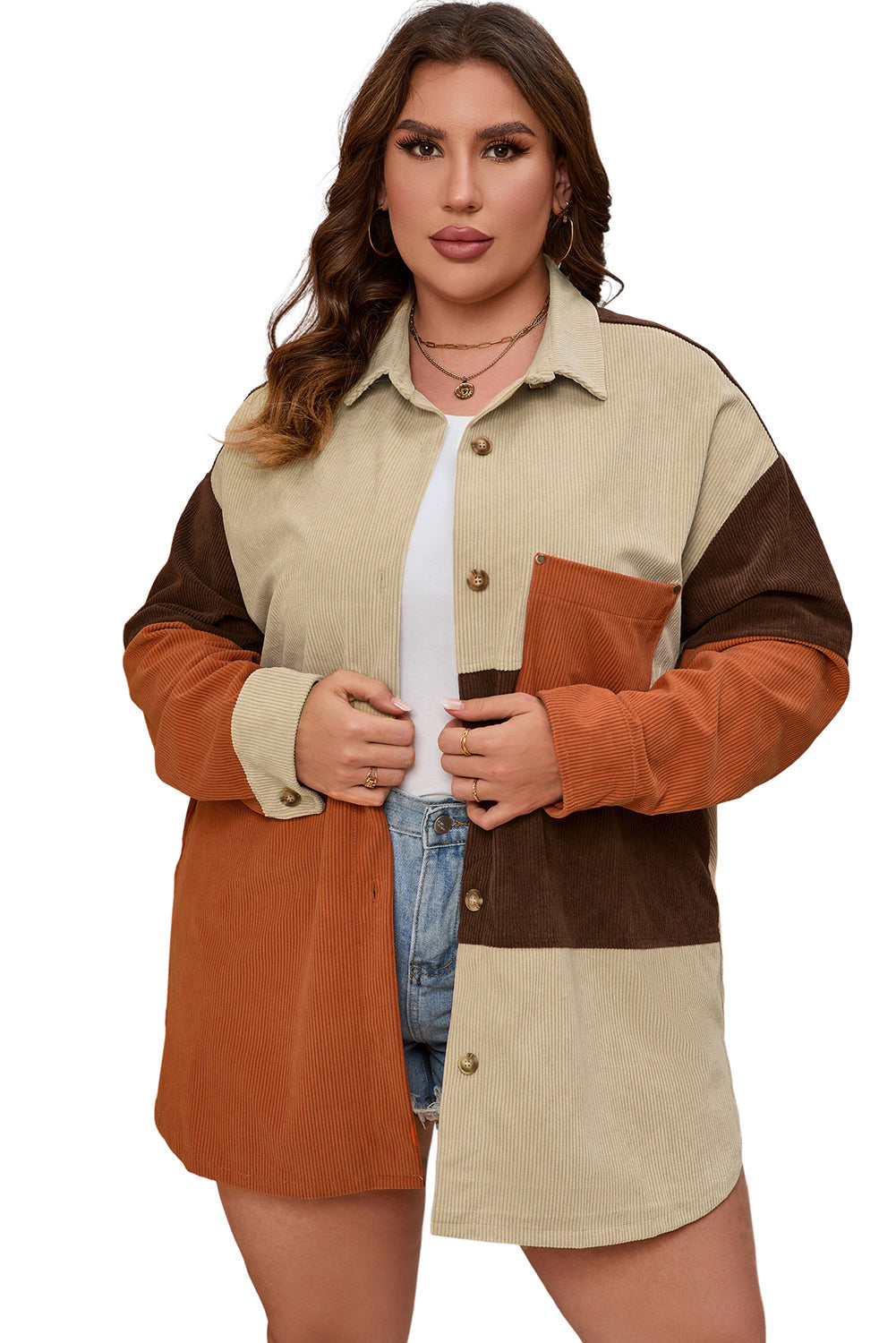 Plus Size Brown Corduroy Pocket Jacket