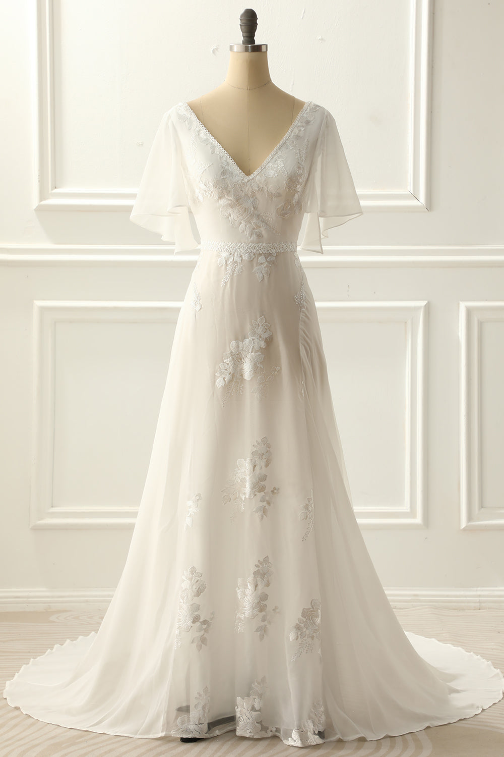 Plus Size Deep V Beaded Lace Ball Gown