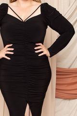Plus Size Deep Round Neck Shirring Dress