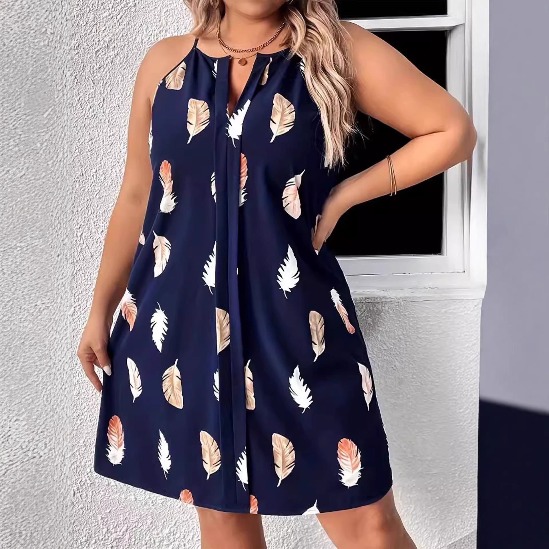Plus Size Gothic Feather V-Neck Midi Dress